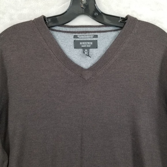Nordstrom Sweater Men XL Brown 100% Merino Wool V Neck Basic Outdoor Preppy - Picture 3 of 8